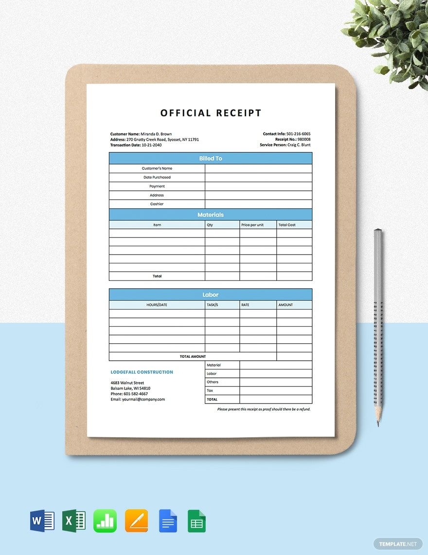 Construction Services Receipt Template in Word, Google Docs, Excel, Google Sheets, Apple Pages, Apple Numbers