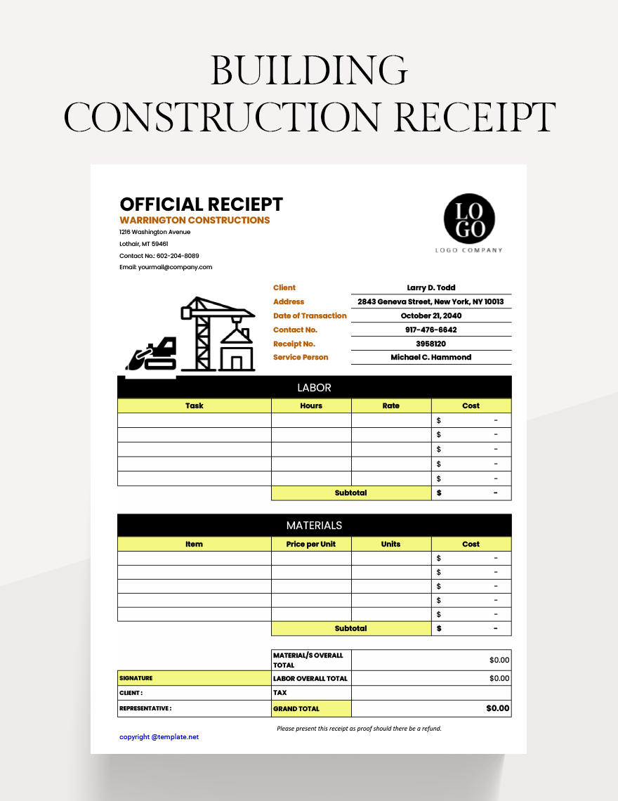 Building Construction Receipt Template Google Docs, Google Sheets