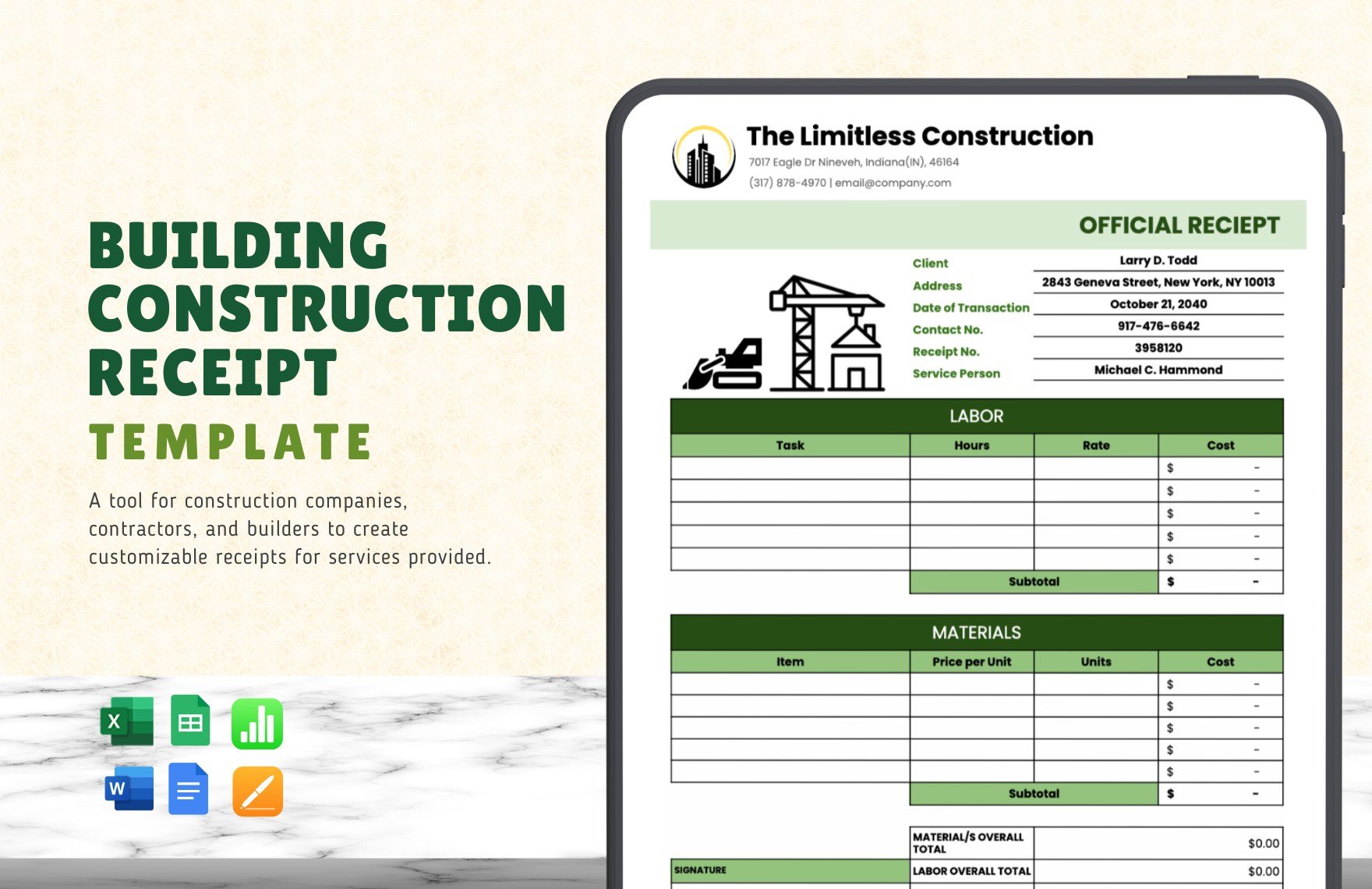 Building Construction Receipt Template in Word, Google Docs, Excel, Google Sheets, Apple Pages, Apple Numbers
