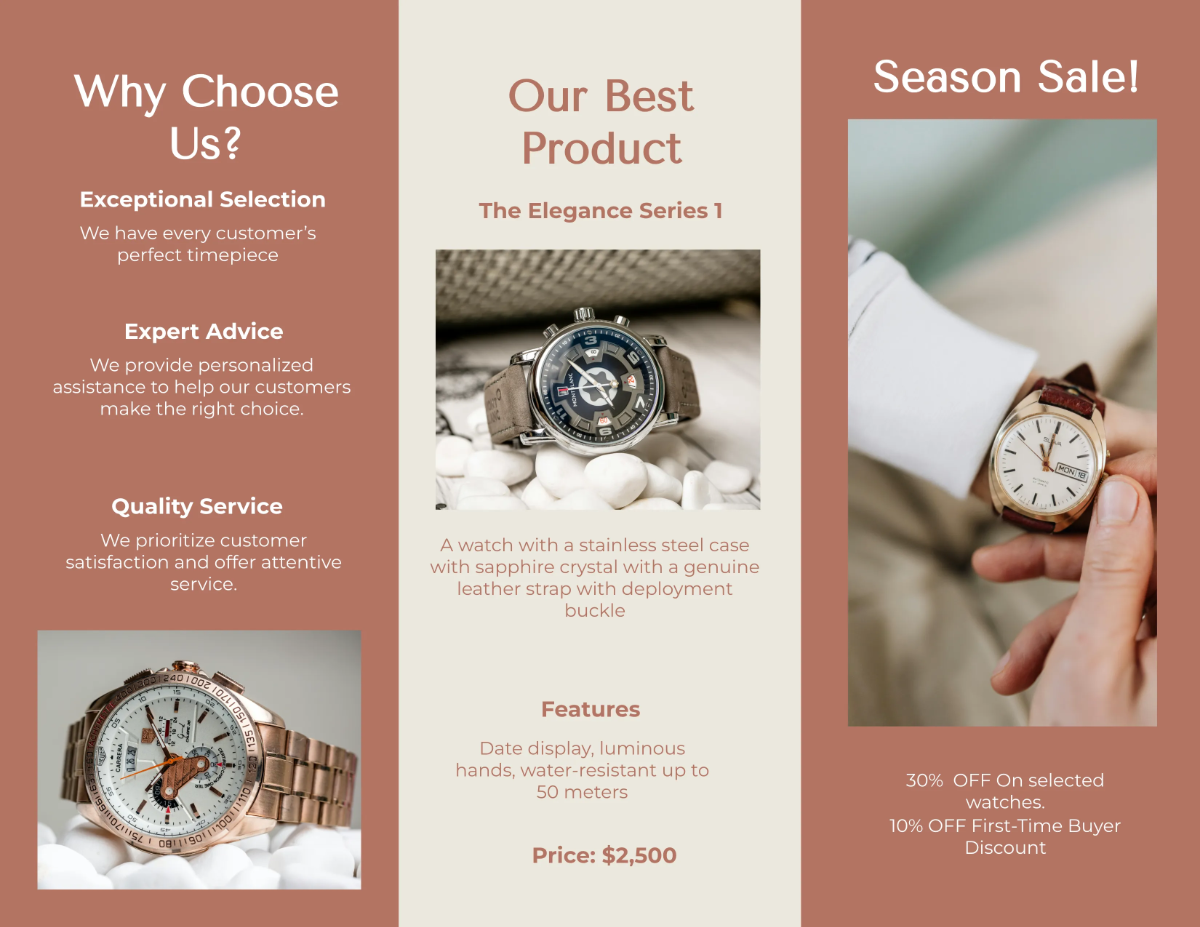 Free Watch Store Trifold Brochure Template to Edit Online