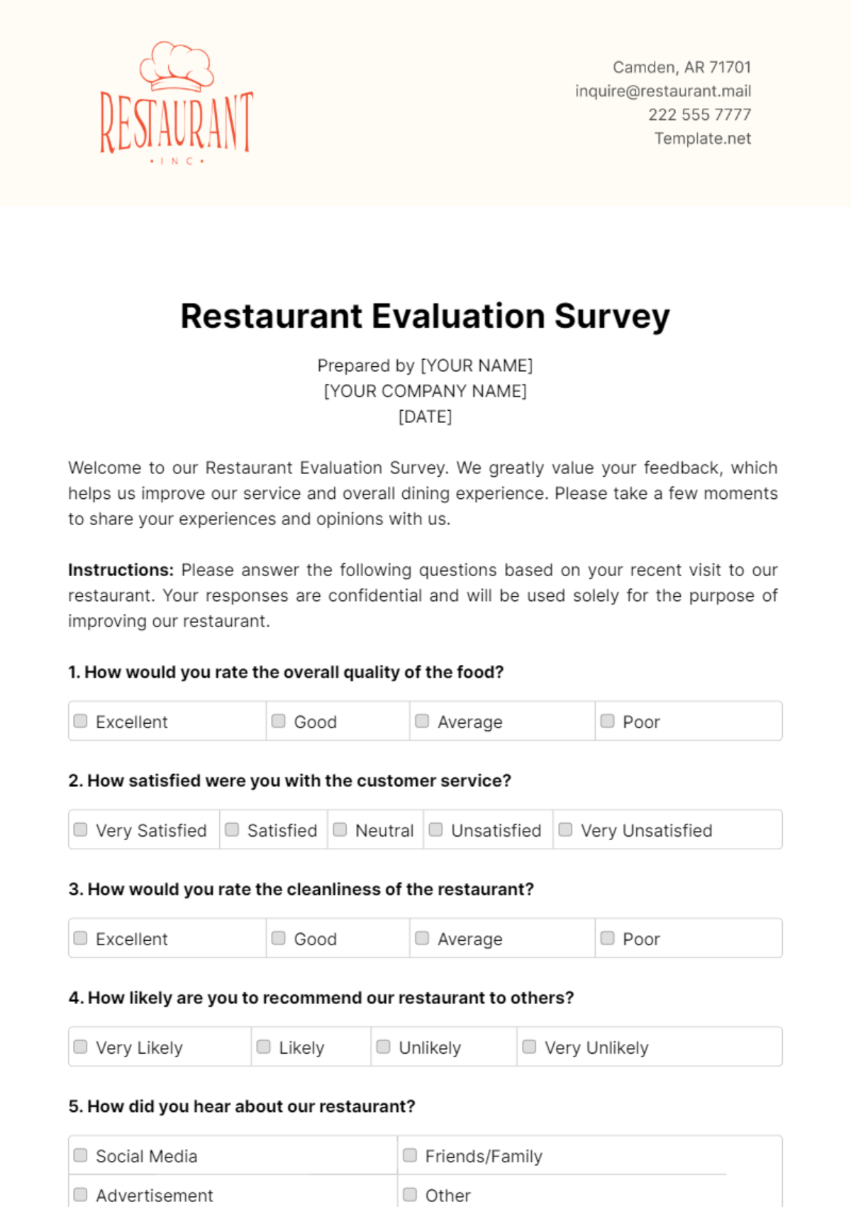 Restaurant Evaluation Survey Template - Edit Online & Download