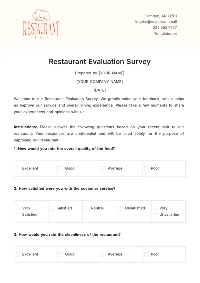 Free Restaurant Evaluation Survey Template to Edit Online