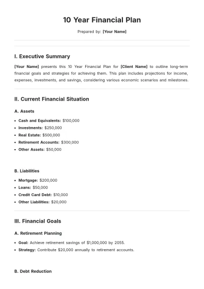 Free 10 Year Financial Plan Template to Edit Online