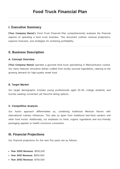Free Food Truck Financial Plan Template to Edit Online