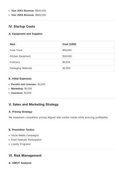 Free Food Truck Financial Plan Template to Edit Online