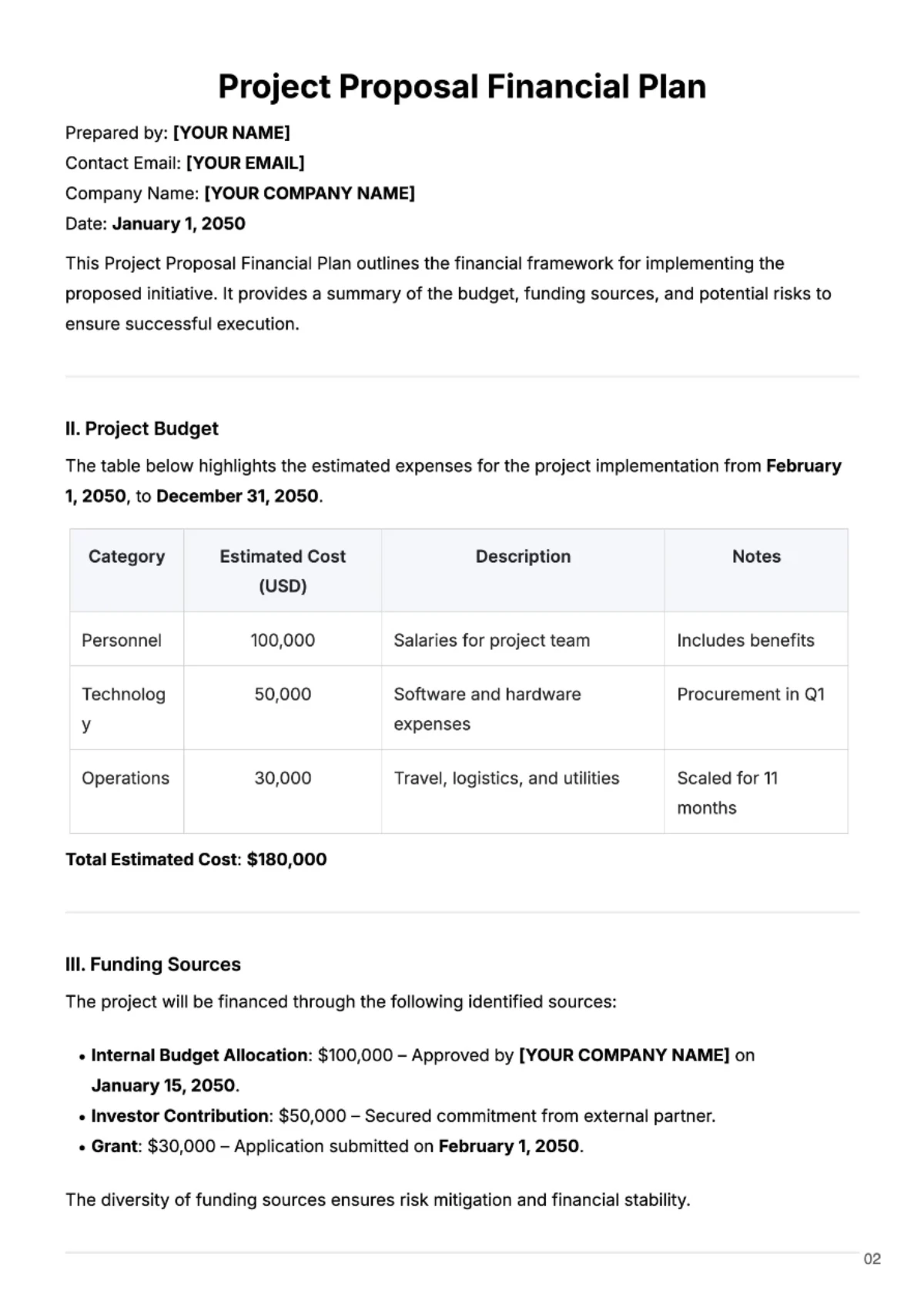 Free Project Proposal Financial Plan Template to Edit Online