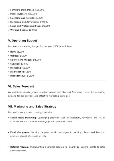 Free Salon Financial Plan Template to Edit Online
