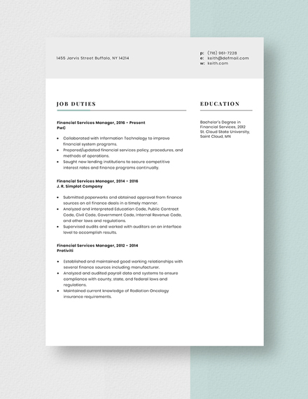 Financial Services Manager Resume Template