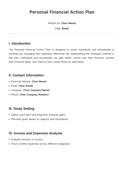 Free Personal Financial Action Plan Template to Edit Online