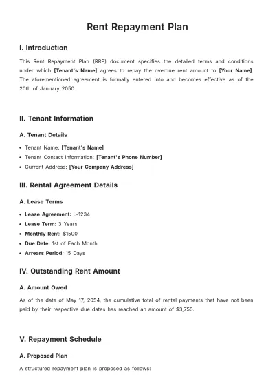 Free Rent Repayment Plan Template to Edit Online