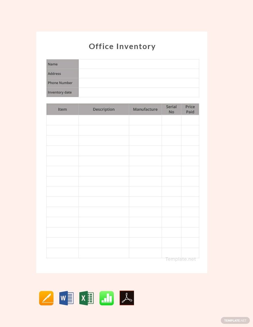 Office Inventory Template in Word, Google Docs, Excel, PDF, Google Sheets, Apple Pages, Apple Numbers