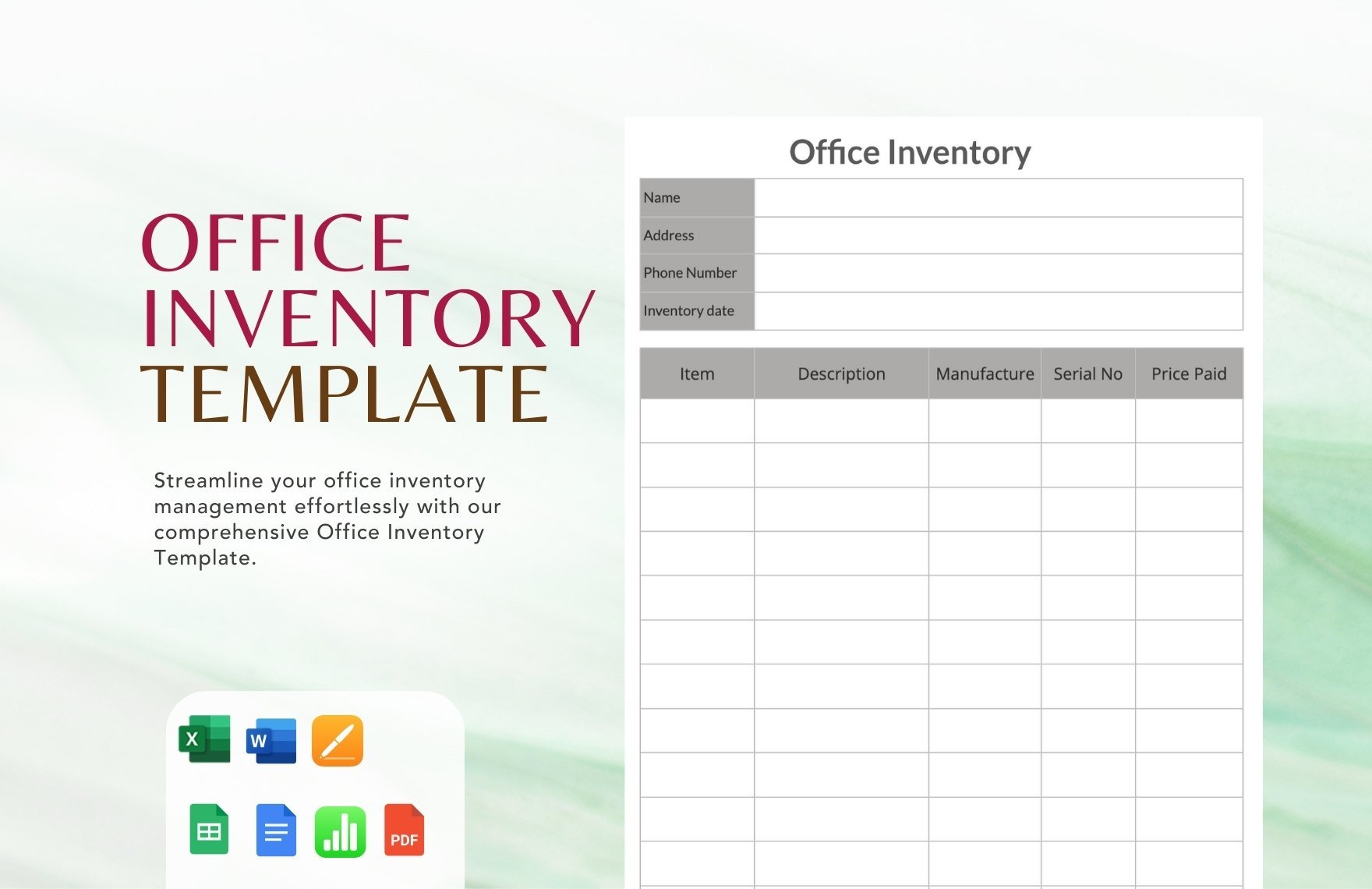 Office Inventory Template in Word, Google Docs, Excel, PDF, Google Sheets, Apple Pages, Apple Numbers