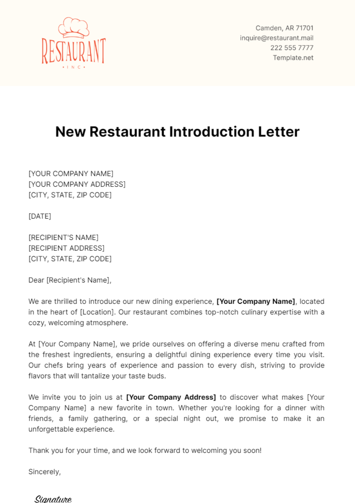 New Restaurant Introduction Letter Template - Edit Online & Download