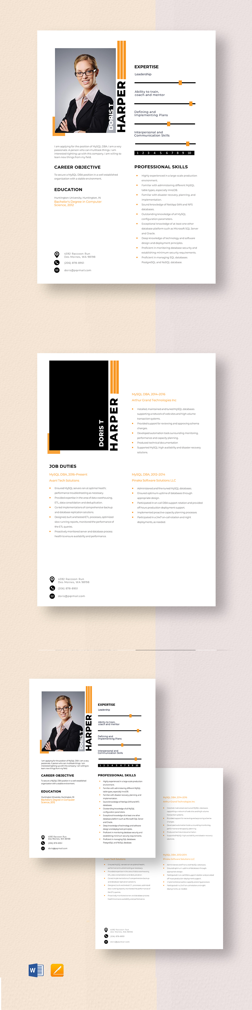 Free MySQL DBA Resume Template Word, Apple Pages