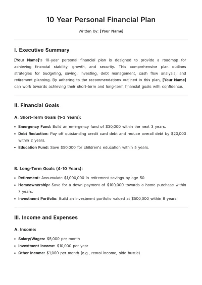 Free 10 Year Personal Financial Plan Template to Edit Online