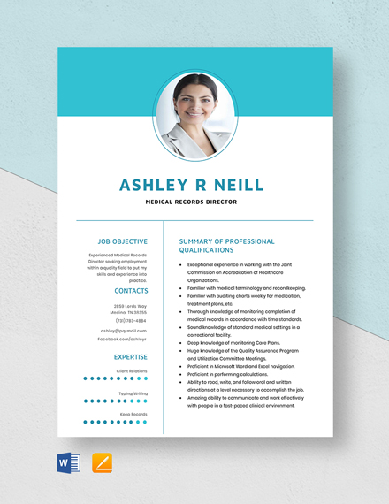 Free Medical Records Director Resume Template - Word, Apple Pages