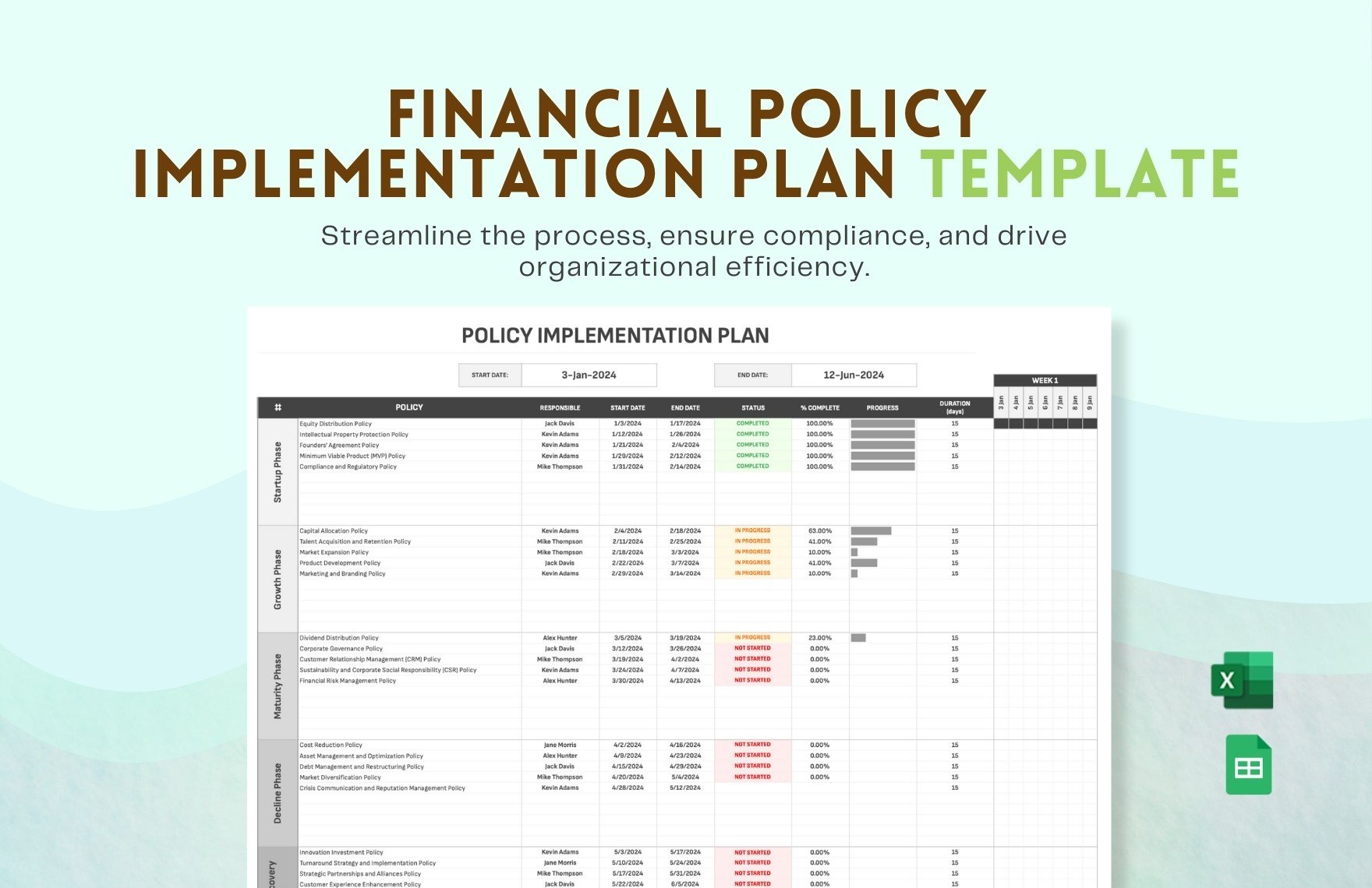 Financial Policy Implementation Plan Template in Excel, Google Sheets