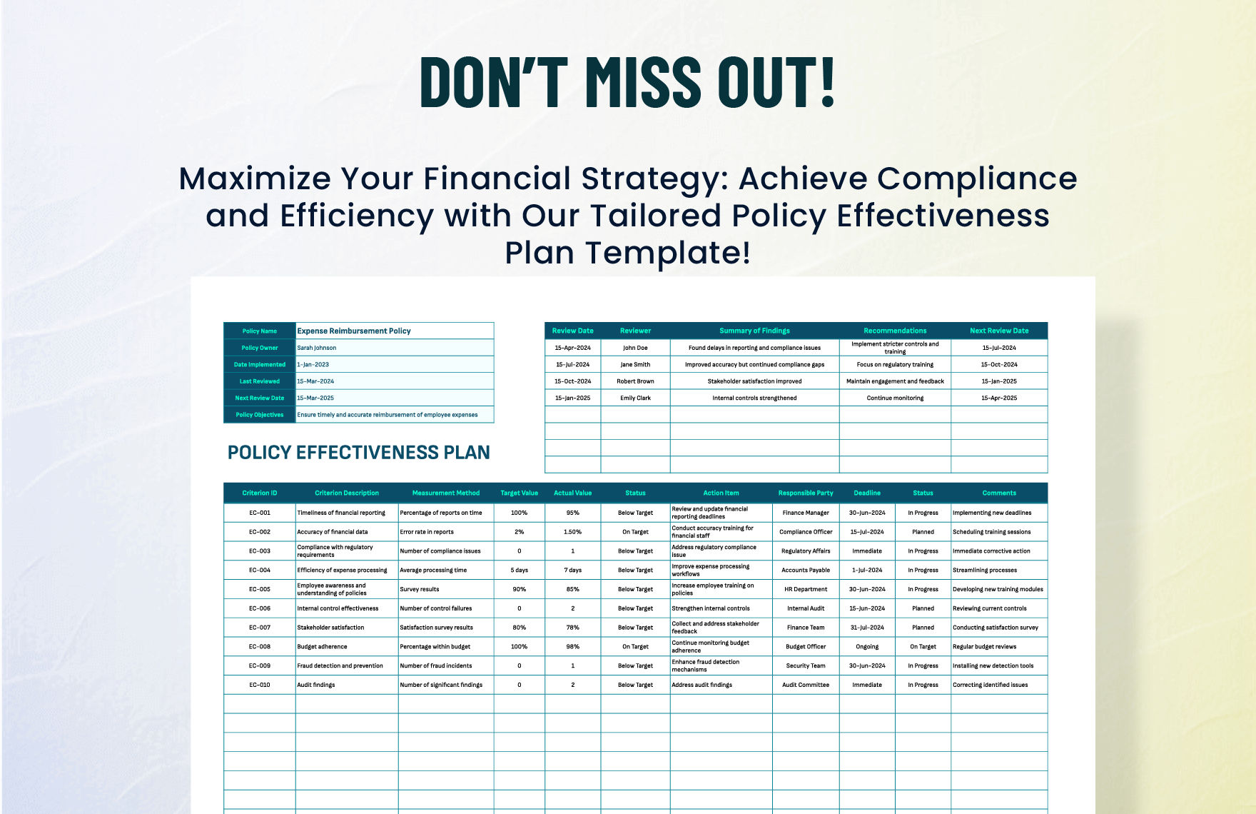 Financial Policy Effectiveness Plan Template
