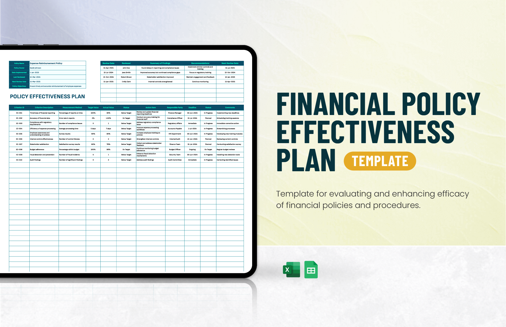 Financial Policy Effectiveness Plan Template in Excel, Google Sheets