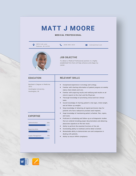 Medical Professional Resume Template - Word, Apple Pages