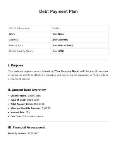 Free Sample Debt Payment Plan Template to Edit Online