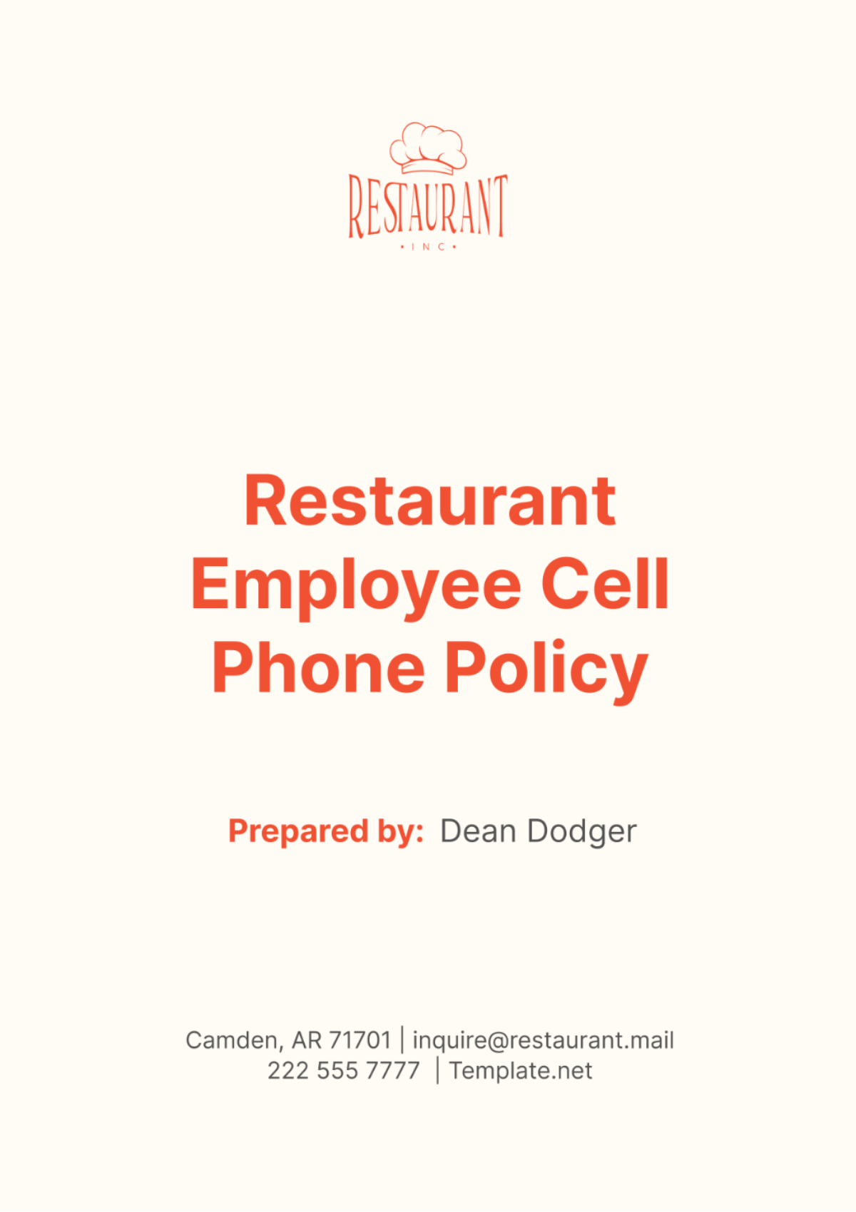 Restaurant Employee Cell Phone Policy Template - Edit Online & Download