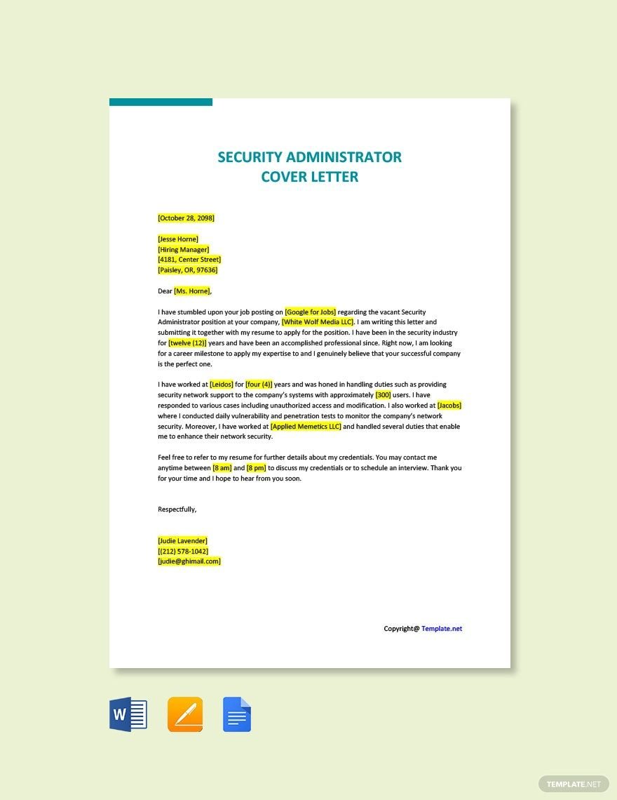 Security Administrator Cover Letter