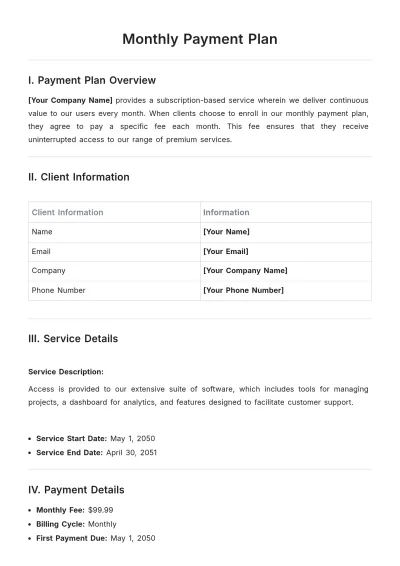 Free Professional Monthly Payment Plan Template to Edit Online