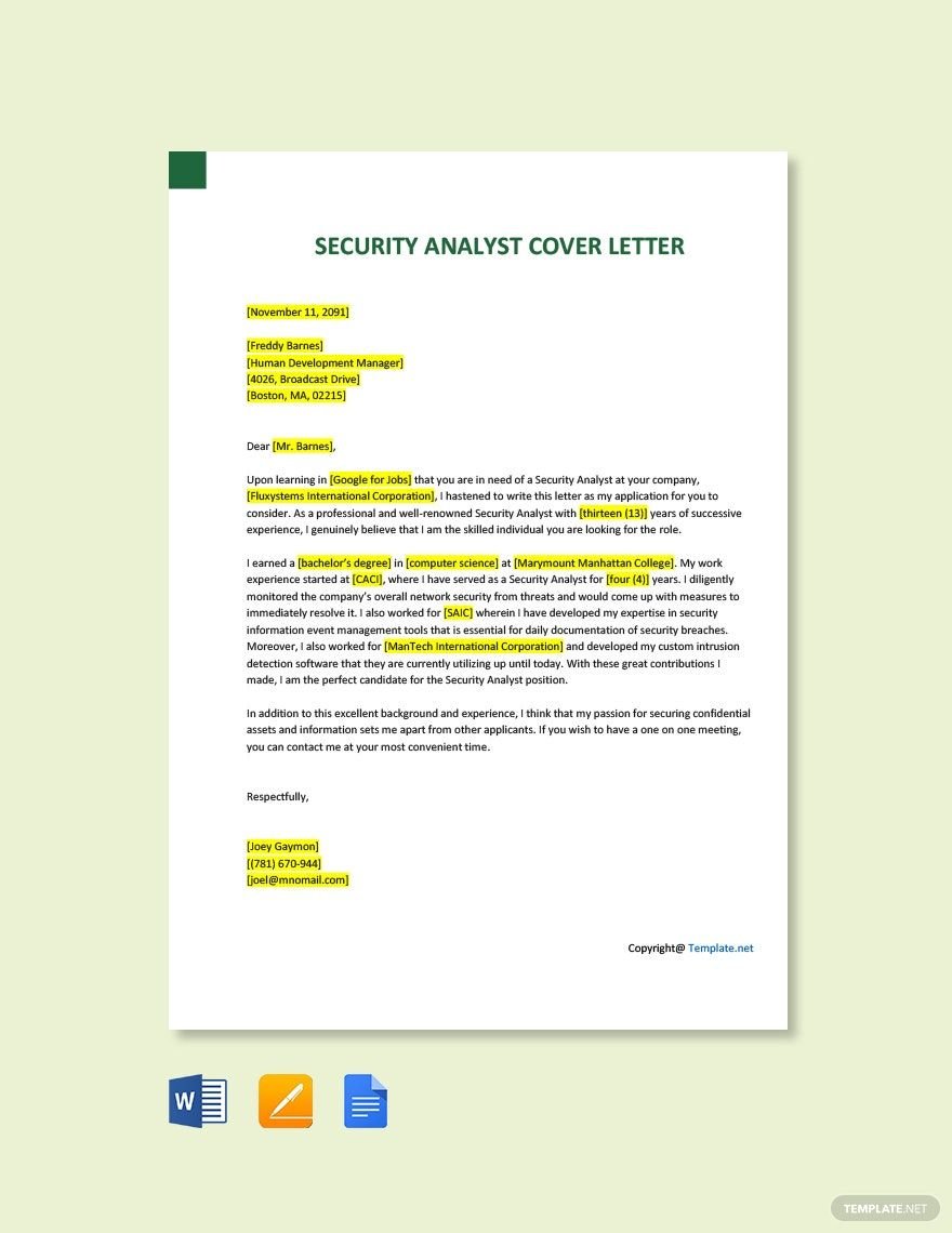 Security Analyst Cover Letter
