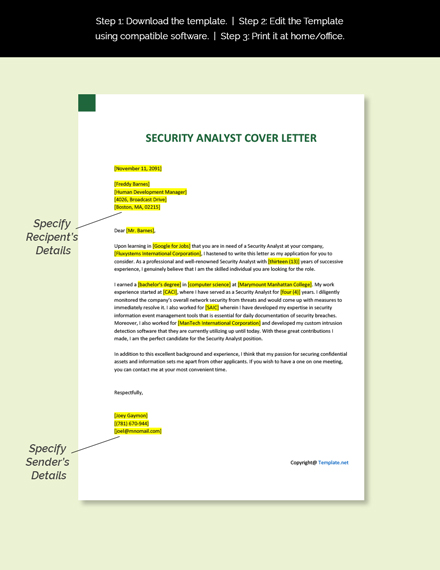 Security Analyst Cover Letter Template - Google Docs, Word | Template.net