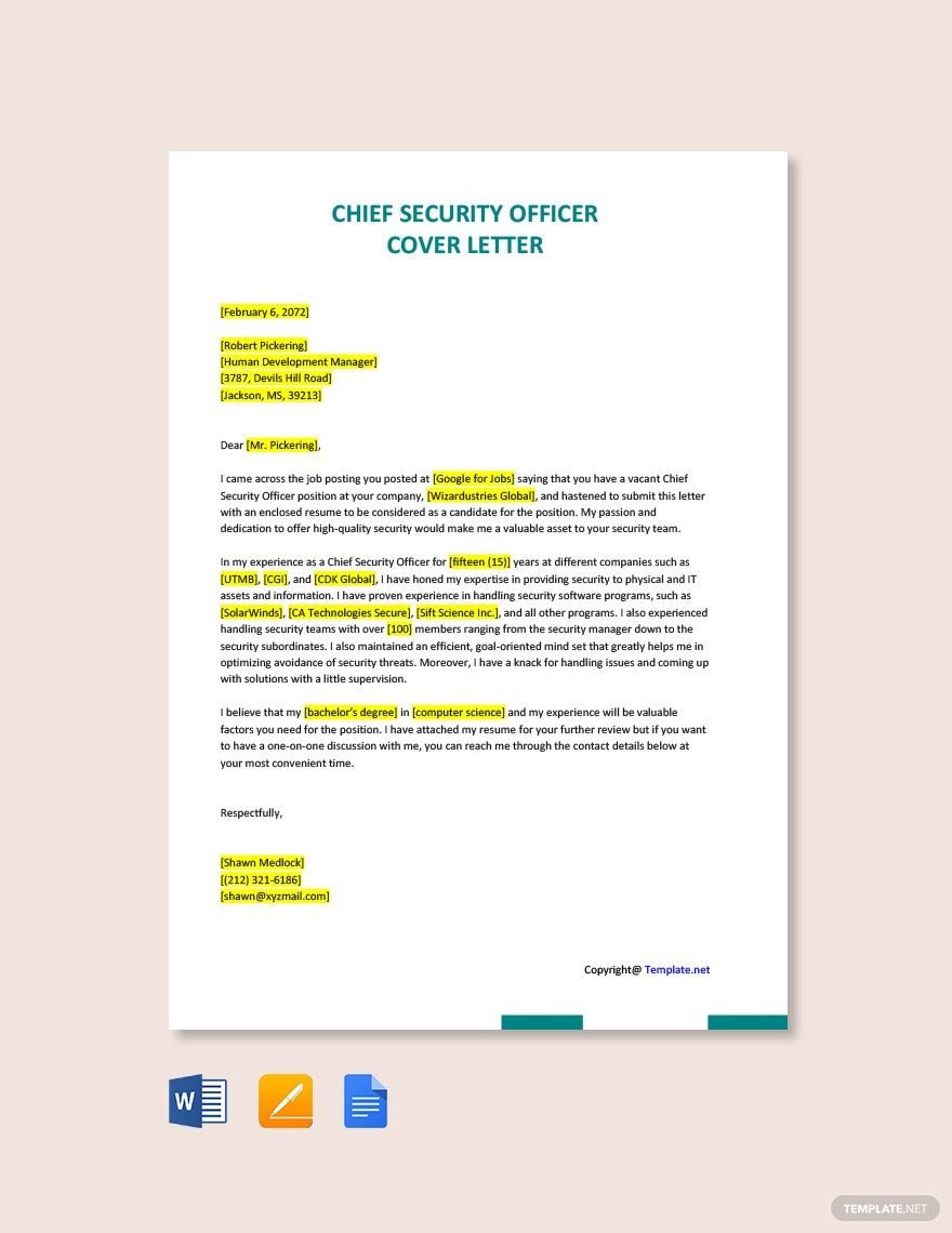 Chief Security Officer Cover Letter Template