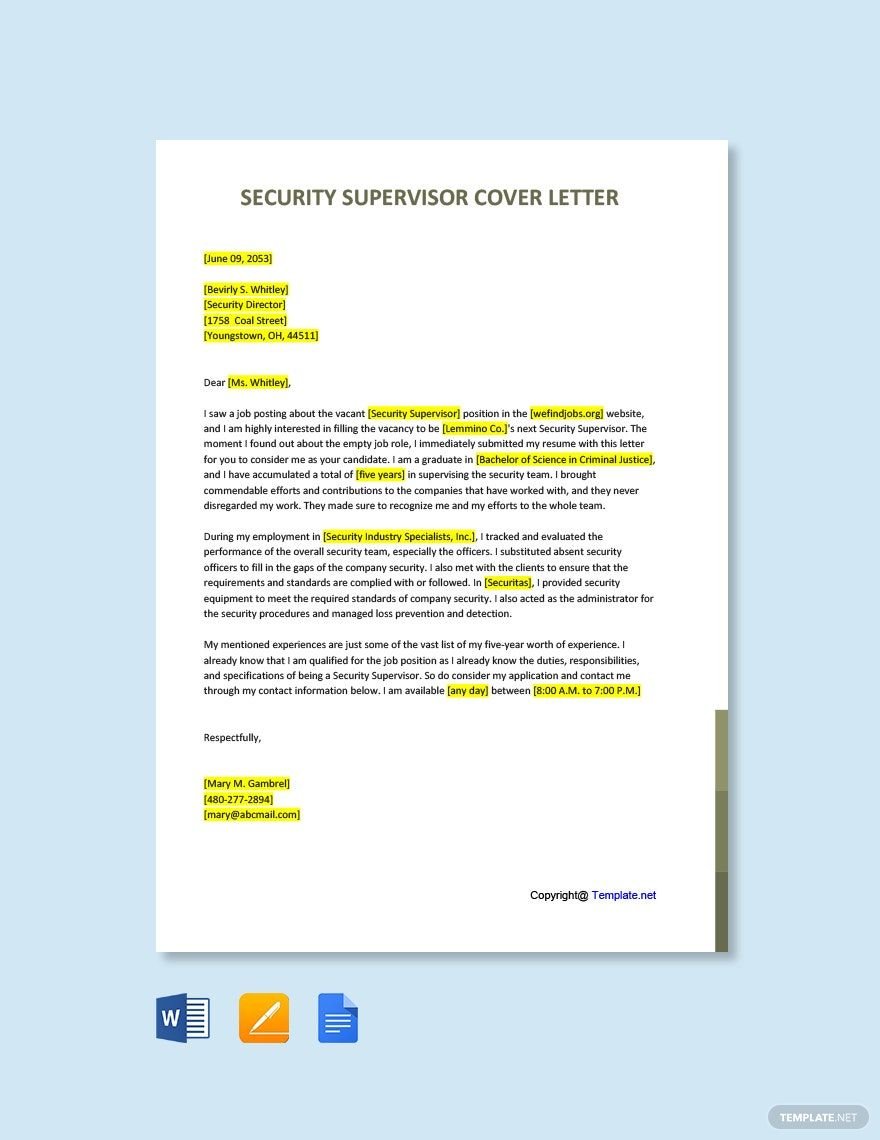 Security Supervisor Cover Letter