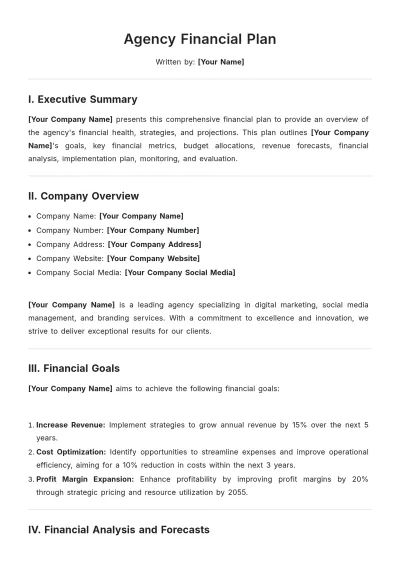 Free Agency Financial Plan Template to Edit Online