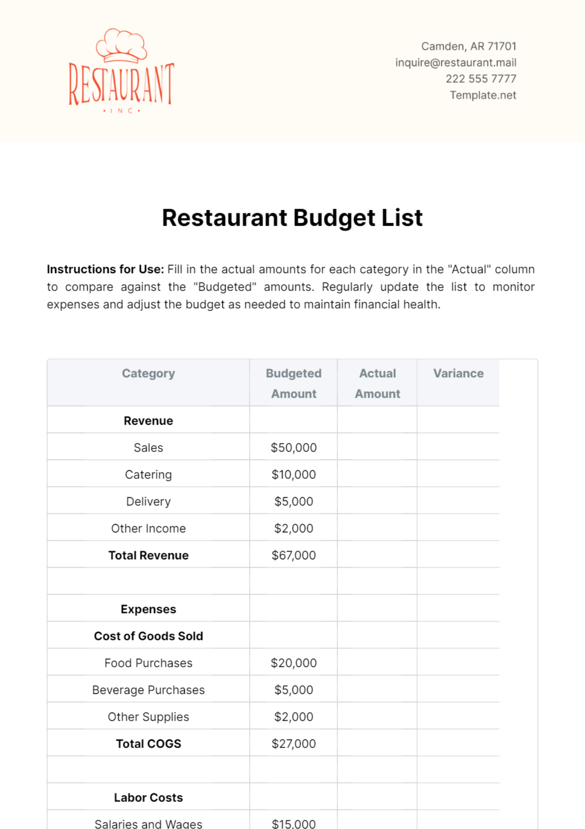 Restaurant Budget List Template - Edit Online & Download