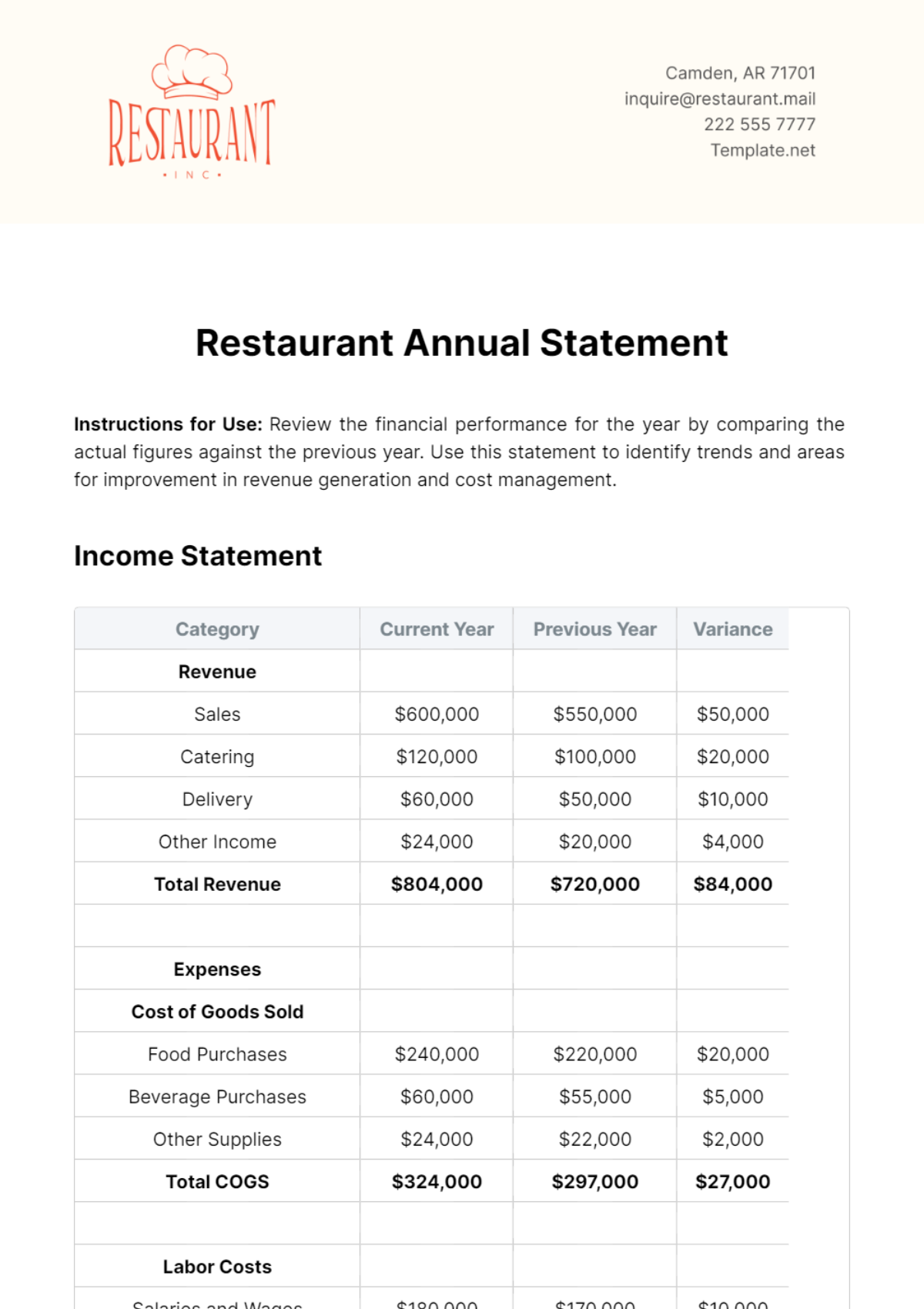 Restaurant Annual Statement Template - Edit Online & Download