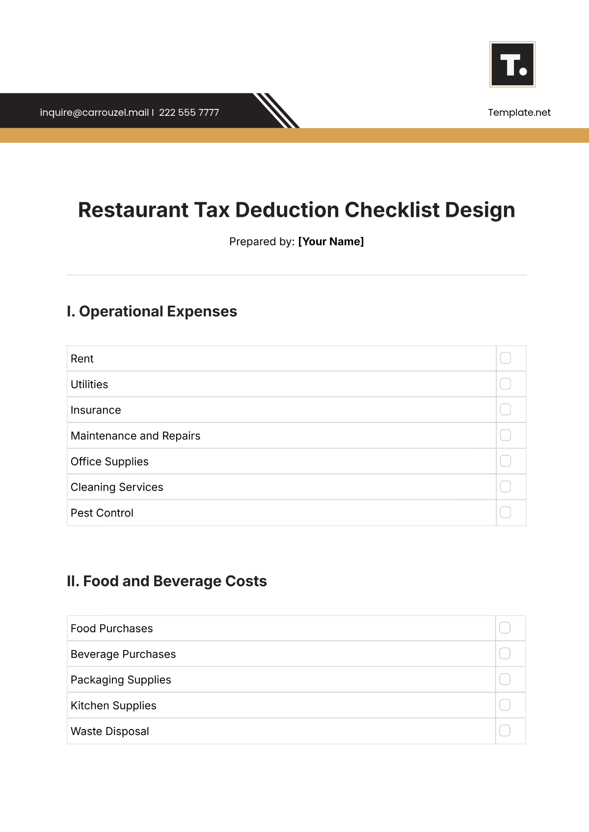 Restaurant Tax Deduction Checklist Design Template - Edit Online & Download