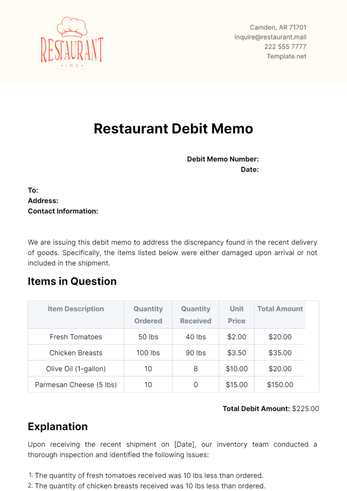 Restaurant Debit Memo Template - Edit Online & Download