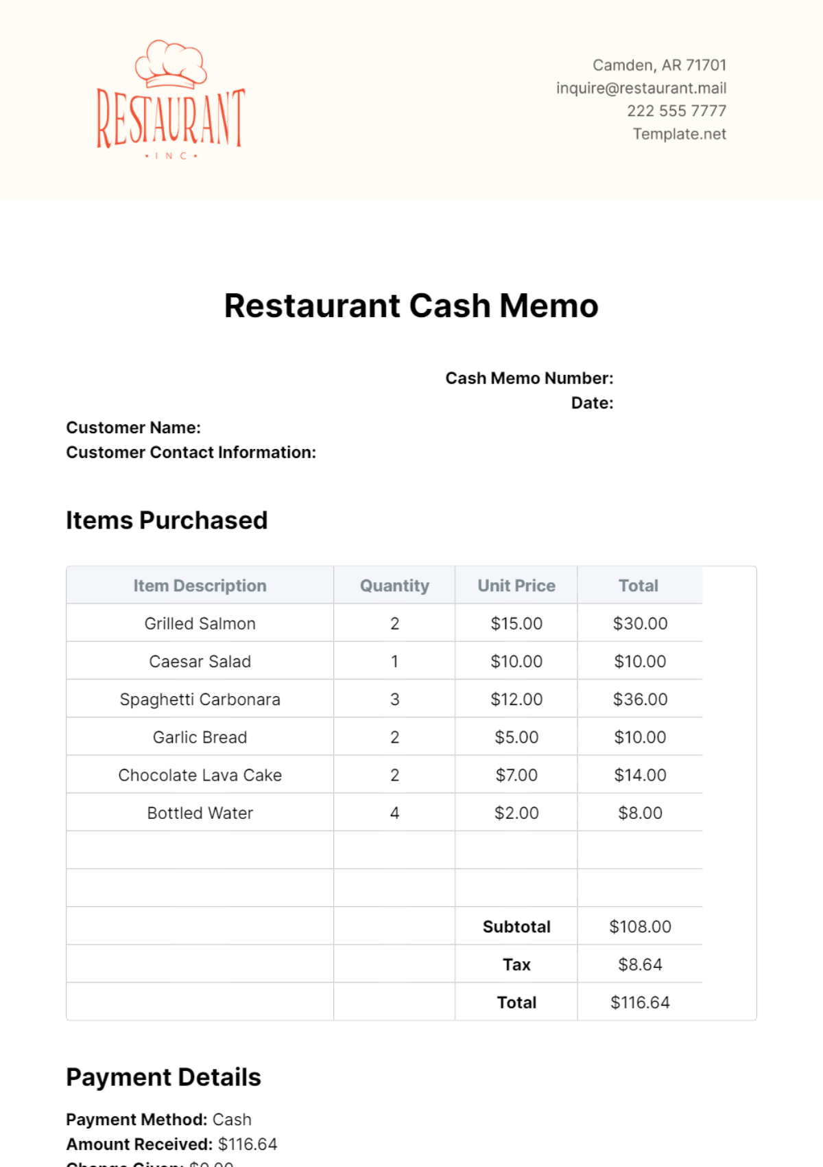 Restaurant Cash Memo Template - Edit Online & Download