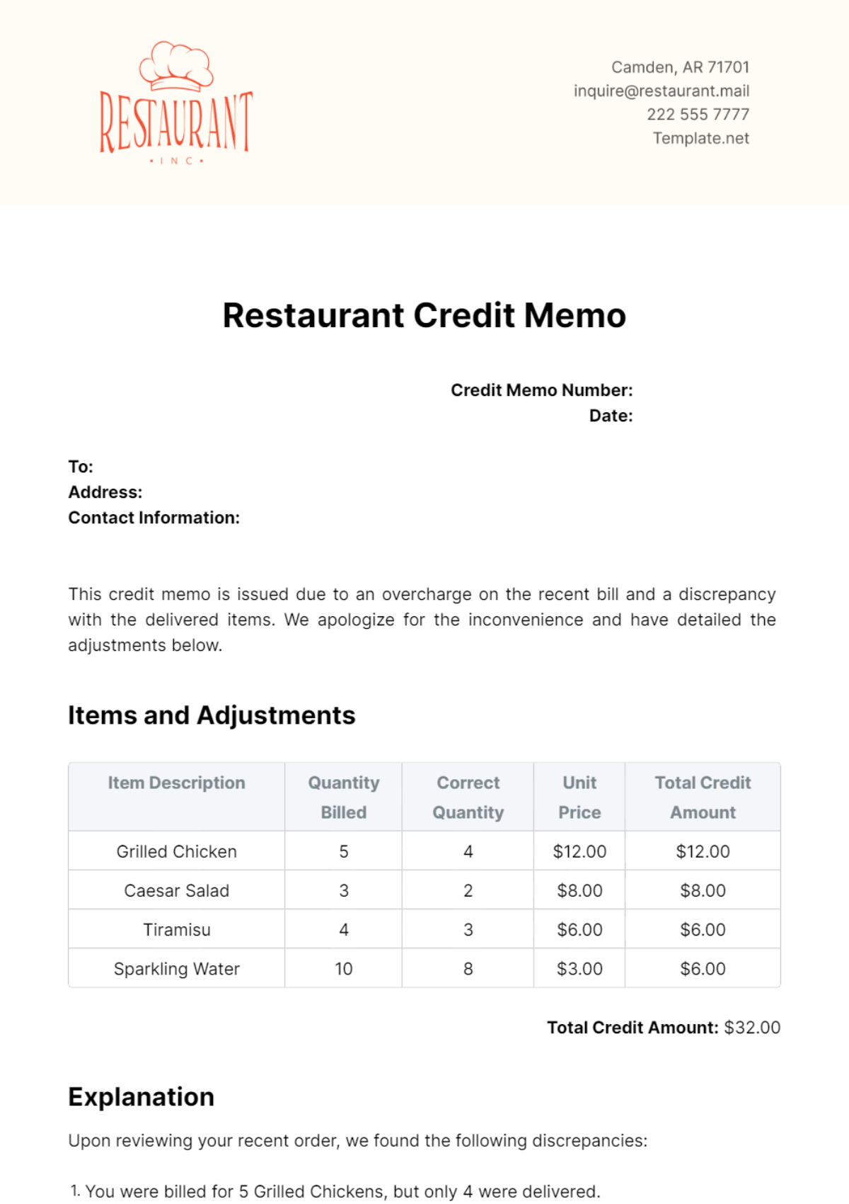 Restaurant Credit Memo Template - Edit Online & Download