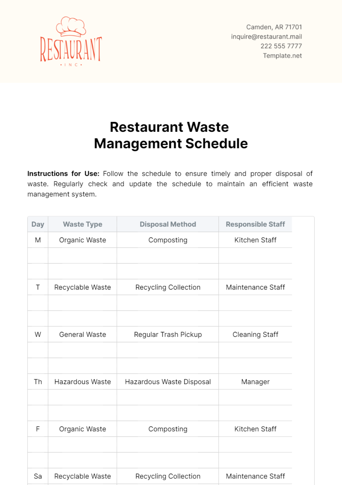 Restaurant Waste Management Schedule Template - Edit Online & Download