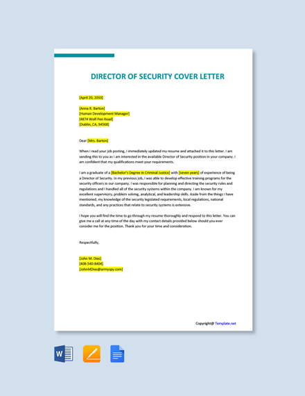 Free Director of Security Cover Letter Template Google Docs Word