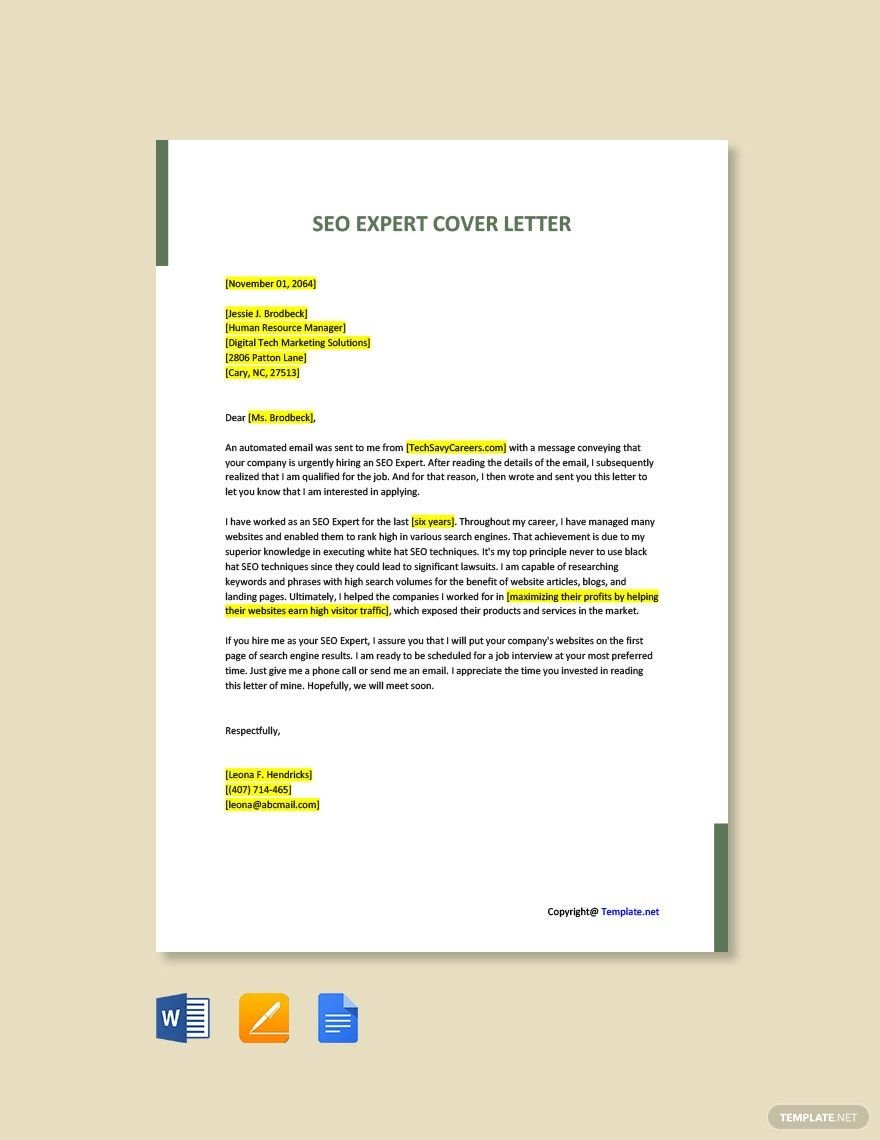 SEO Expert Cover Letter in Word, Google Docs, PDF, Apple Pages