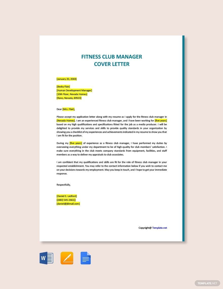 Fitness Club Manager Cover Letter