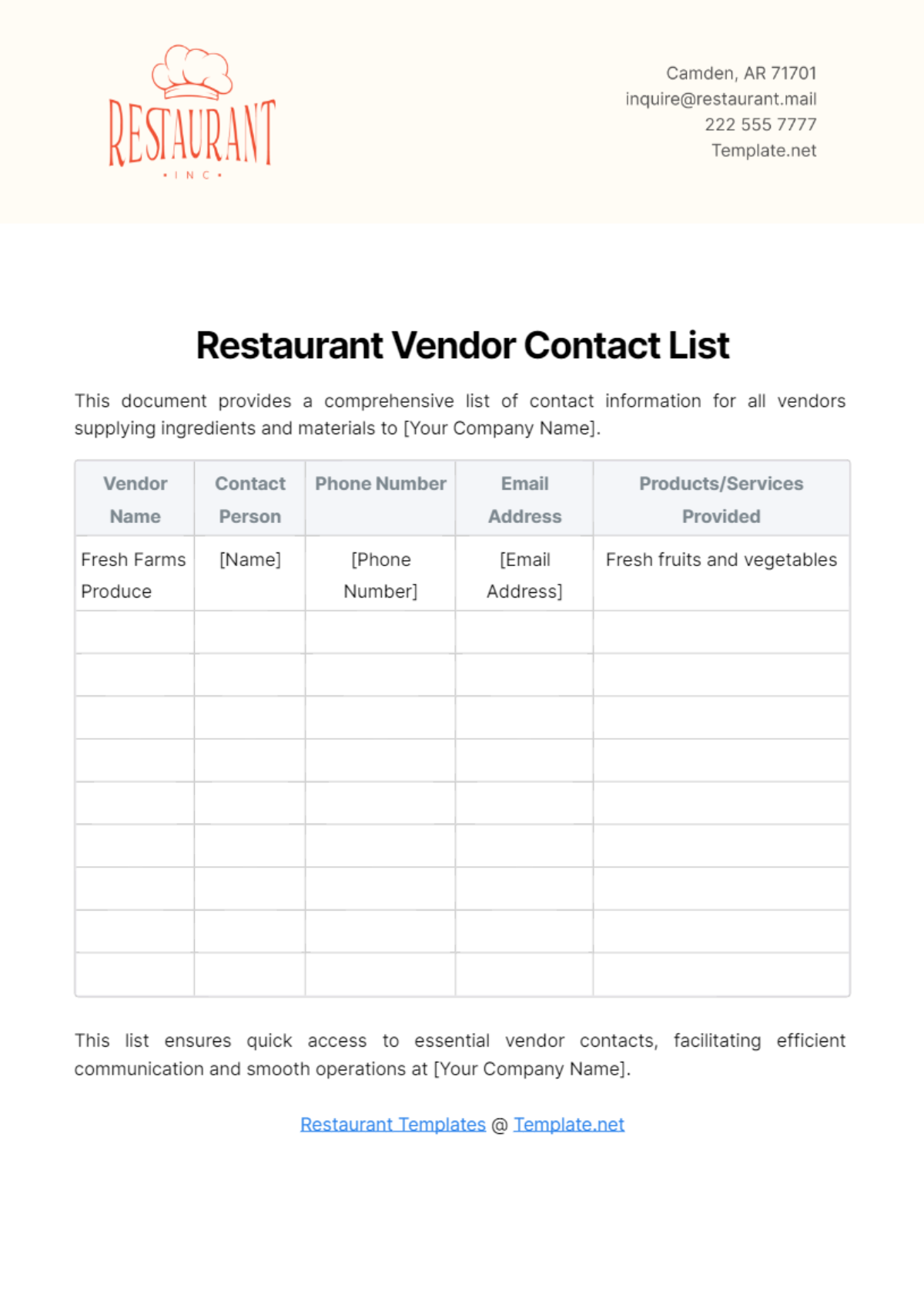 Restaurant Vendor Contact List Template