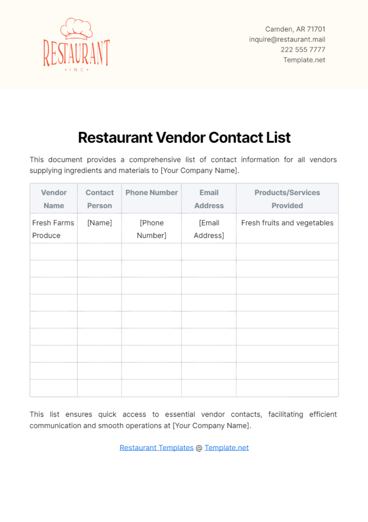 Restaurant Vendor Contact List Template - Edit Online & Download