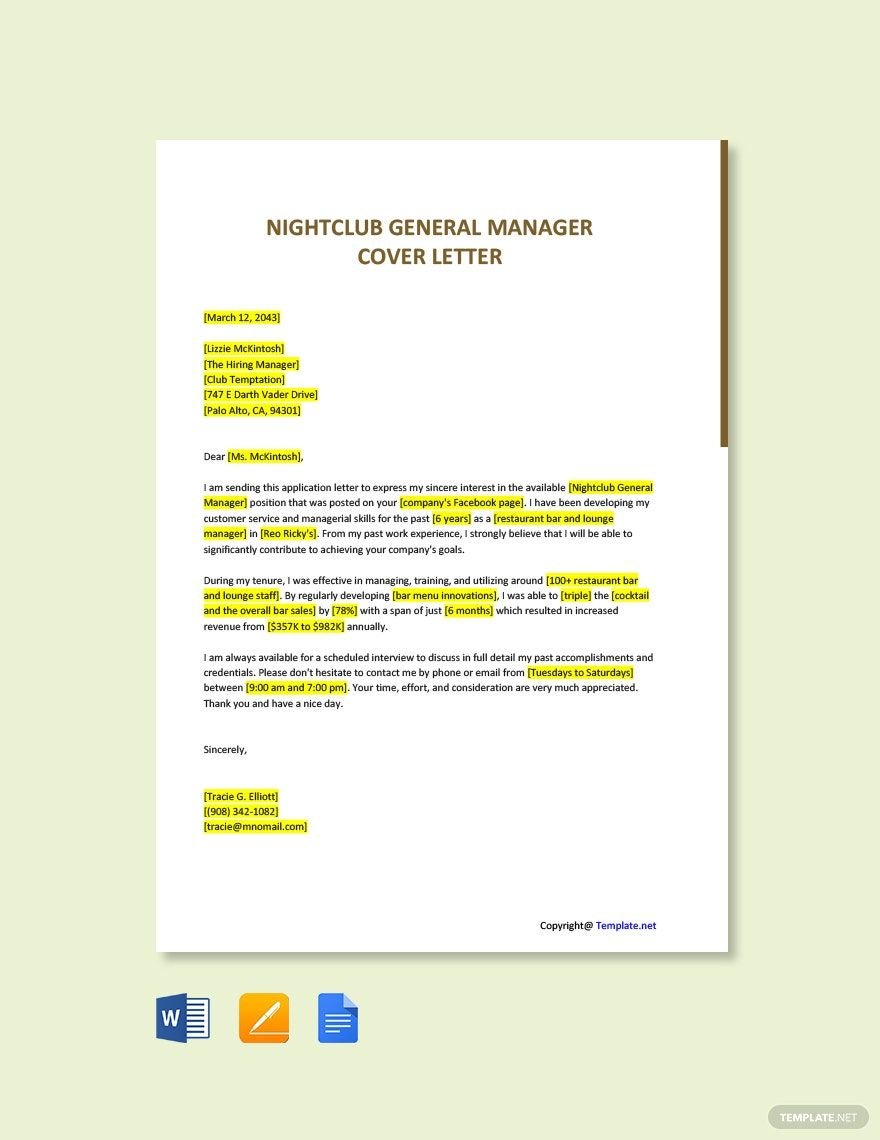 Nightclub General Manager Cover Letter