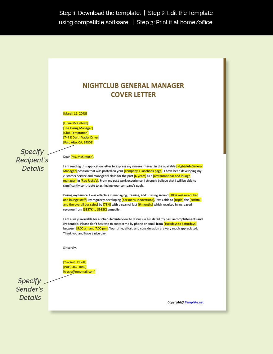 Nightclub General Manager Cover Letter
