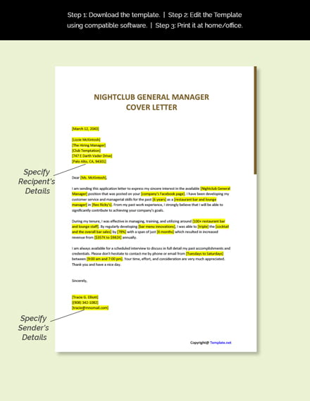 Nightclub General Manager Cover Letter Template