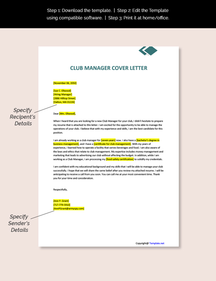 Free Club Manager Cover Letter Template - Google Docs, Word | Template.net