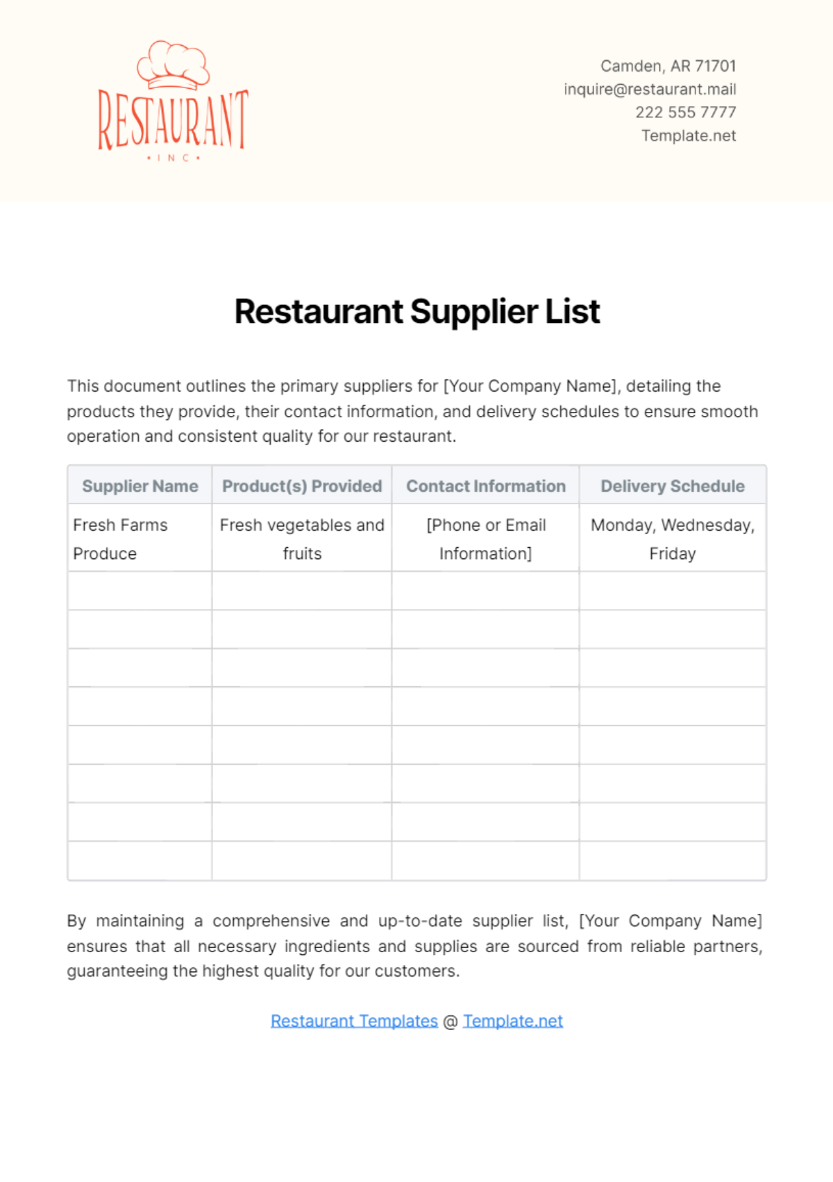 Restaurant Supplier List Template